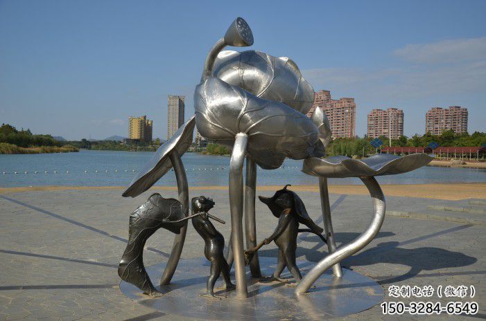 三明蓮蓬嬉戲雕塑，城市植物景觀雕塑，不銹鋼鏡面效果